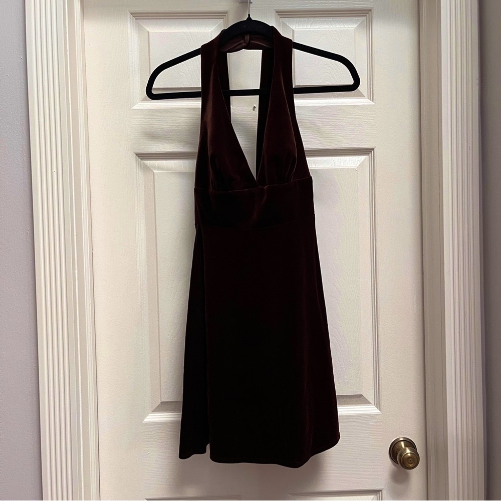 NEW! Thick Velvet/Velour BCBG Halter Evening Mini Dress (Sz XS), Chocolate Brown